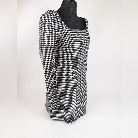 Mi Ami Houndstooth Black and White Long Sleeve Dress Puff Sleeve Mini Zip Large - Picture 3 of 9